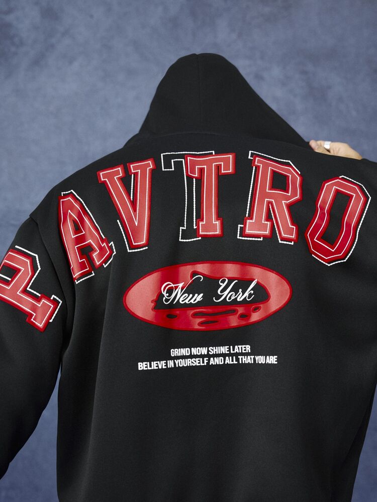 PAVTROS Hoodie Kasual Pria dengan Resleting dan Bordir Huruf - Hitam - View 5