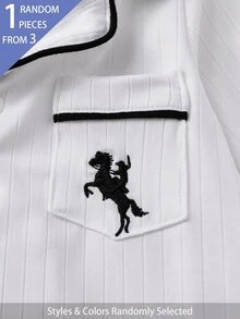 SHEIN 3件組隨機1件新生兒居家連身睡衣，卡通騎士刺繡圖案配對比色滾邊，皇家藍、淺藍、白色羅紋布料，柔軟舒適，新生兒最佳禮物 - 彩色 - 查看 8