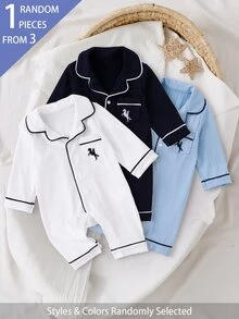 SHEIN 3件組隨機1件新生兒居家連身睡衣，卡通騎士刺繡圖案配對比色滾邊，皇家藍、淺藍、白色羅紋布料，柔軟舒適，新生兒最佳禮物 - 彩色 - 查看 9