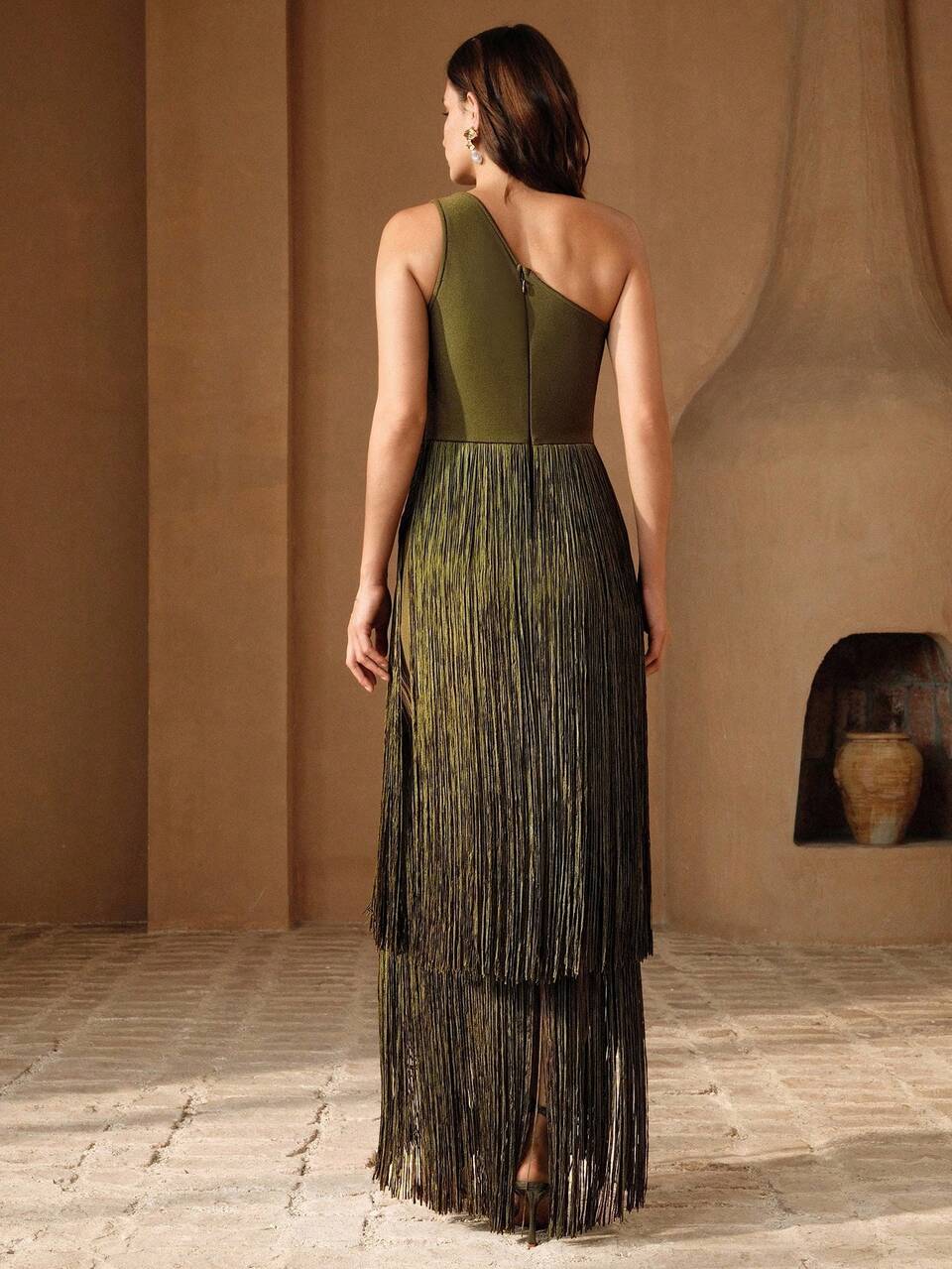 Women's New Spring/Summer Tassel Military Green Elegant Dress, Vacation Dress, Party Dress, Ball Gown, One-Shoulder Summer Dress, Seasonal Party Dress