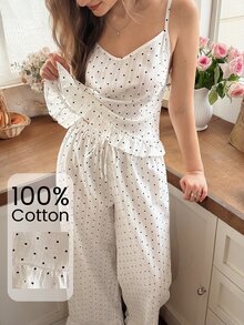Snug Reverie 女款波點編織紋理睡衣套裝休閒居家服 - 白色 - 查看 4