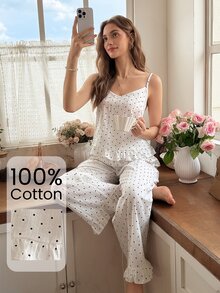 Snug Reverie 女款波點編織紋理睡衣套裝休閒居家服 - 白色 - 查看 3