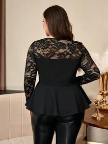 Reflora Plus Size Women's Elegant Black Lace Patchwork Cowl Neck Long Sleeve Romantic Party Beautiful T-Shirt Fall - Black - View 3