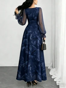 Modelyn 芙蓉碎花时尚方领灯笼袖女士长连衣裙，夏季收腰优雅印花藏蓝色连衣裙，适合夏季度假和日常穿着 - 彩色 - 查看 2