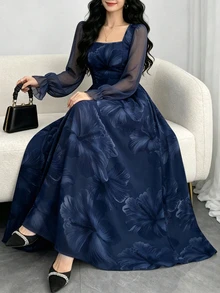 Modelyn 芙蓉碎花时尚方领灯笼袖女士长连衣裙，夏季收腰优雅印花藏蓝色连衣裙，适合夏季度假和日常穿着 - 彩色 - 查看 4