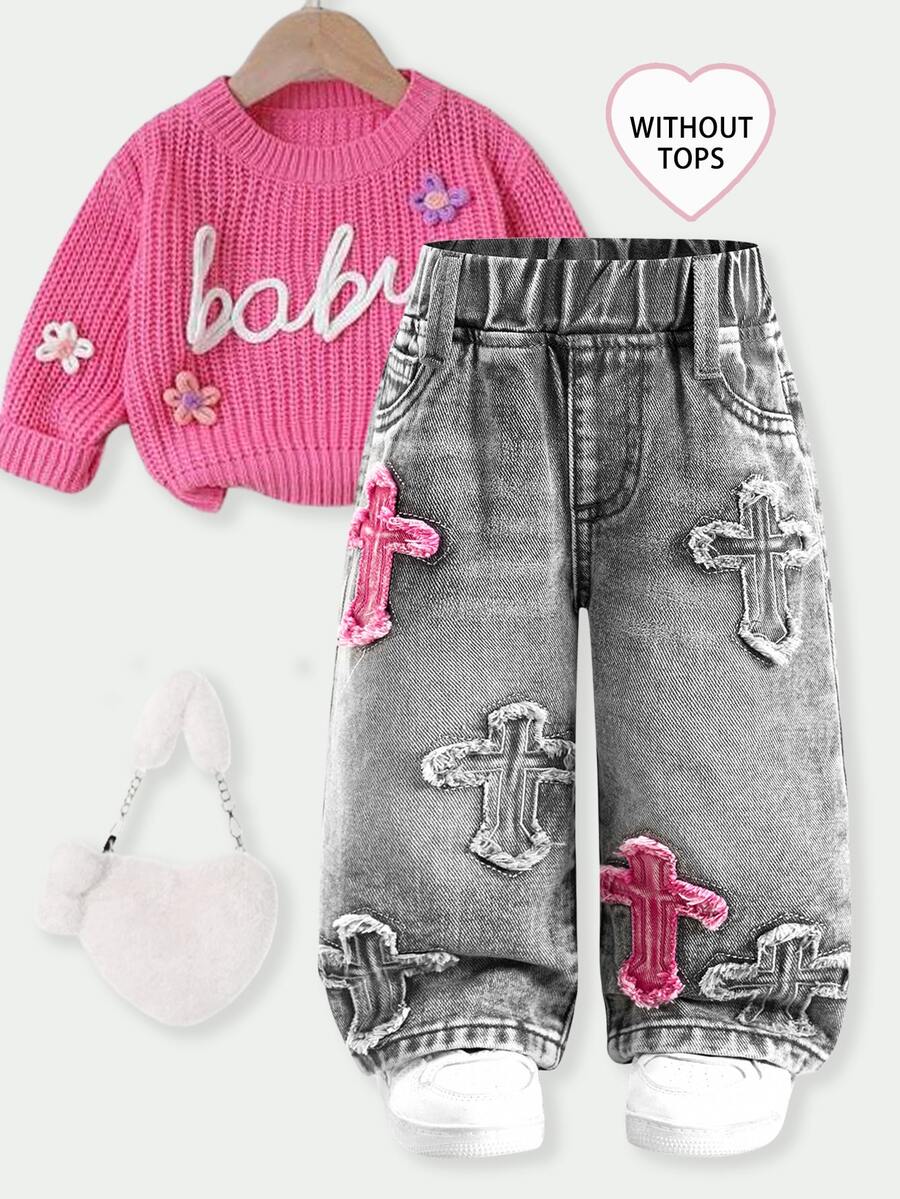 SHEIN 女嬰幼兒女童 2025 秋冬新款寬腿牛仔褲,可愛愛心刺繡直筒牛仔褲,復古做舊黑色、黑灰色 Y2K 學院風街頭休閒可愛復古風 - 淺灰色 - 查看 1