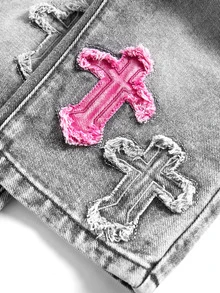 SHEIN 女嬰幼兒女童 2025 秋冬新款寬腿牛仔褲，可愛愛心刺繡直筒牛仔褲，復古做舊黑色、黑灰色 Y2K 學院風街頭休閒可愛復古風 - 淺灰色 - 查看 5