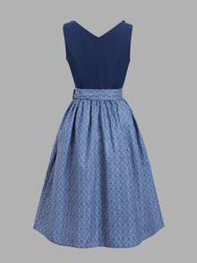 Fairmaia Women's Square Neck Sleeveless 3D Floral Decor Tie Apron Style Dress - Navy Blue - View 7