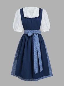 Fairmaia Women's Square Neck Sleeveless 3D Floral Decor Tie Apron Style Dress - Navy Blue - View 4