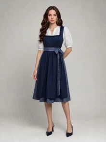 Fairmaia Women's Square Neck Sleeveless 3D Floral Decor Tie Apron Style Dress - Navy Blue - View 3