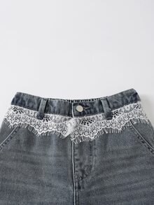 SHEIN 青少年女孩夏季軟洗水百搭寬鬆時尚個性化細棉蕾絲飾邊藍白條紋牛仔寬腿褲 - 中等水洗藍 - 查看 5