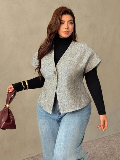 Auralis Spring/Autumn Sleeveless Waist-Cinching X-Shaped Metal Buckle Decor Plus Size Jacket/Grey Textured Two-Tone
