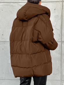 EURMUSE Women's Solid Color Long Sleeve Zipper Front Casual Hooded Winter Jacket - Brown - View 2