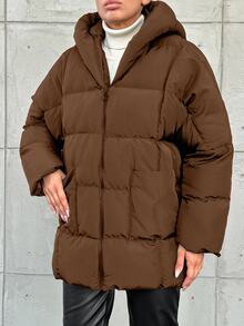 EURMUSE Women's Solid Color Long Sleeve Zipper Front Casual Hooded Winter Jacket - Brown - View 4