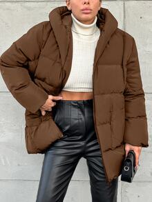 EURMUSE Women's Solid Color Long Sleeve Zipper Front Casual Hooded Winter Jacket - Brown - View 1