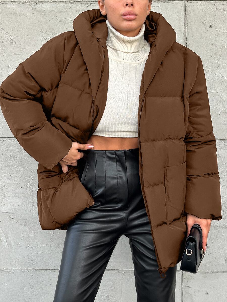EURMUSE Women's Solid Color Long Sleeve Zipper Front Casual Hooded Winter Jacket - Brown - View 1