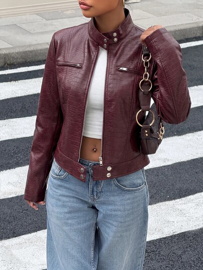 Muchica Women's Autumn/Winter Burgundy PU Leather Zipper Casual Versatile Long Sleeve Jacket For Going Out, Streetwear, Y2K