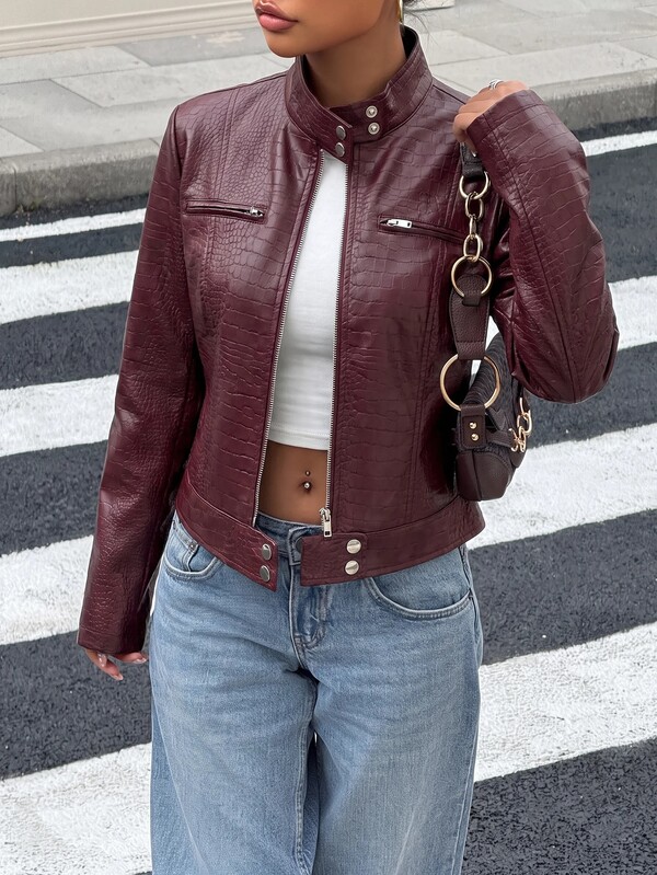 Muchica Women's Autumn/Winter Burgundy PU Leather Zipper Casual Versatile Long Sleeve Jacket For Going Out, Streetwear, Y2K