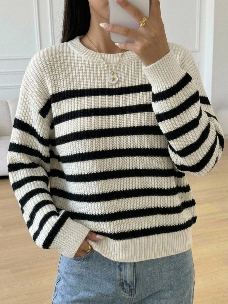 SHEIN Teen Girls Teen Girl Autumn/Winter Casual Striped Knit Sweater, Simple & Fashionable, Suitable For Daily, School, Street Wear - Beige - View 2