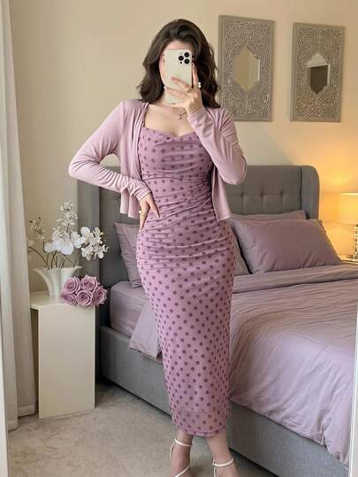 Feyla Setelan 2 Potong Atasan Lengan Panjang Warna Polos Elegan untuk Wanita Musim Gugur & Gaun Motif Polkadot