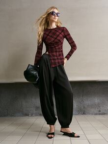 MOTF PREMIUM WOMEN'S PLAID KNIT LONG SLEEVE TOP - Burgundy - View 7