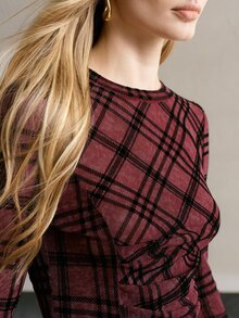 MOTF PREMIUM WOMEN'S PLAID KNIT LONG SLEEVE TOP - Burgundy - View 6