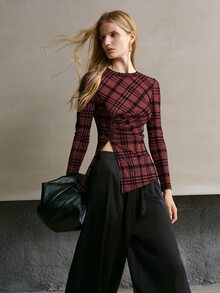 MOTF PREMIUM WOMEN'S PLAID KNIT LONG SLEEVE TOP - Burgundy - View 8