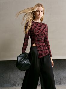 MOTF PREMIUM WOMEN'S PLAID KNIT LONG SLEEVE TOP - Burgundy - View 5