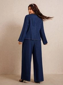 Elaquor 大尺碼女款單排扣長袖上衣與長褲休閒牛仔套裝，休閒優雅，夏季穿搭，女士度假穿著，可愛 - 藍色 - 查看 3