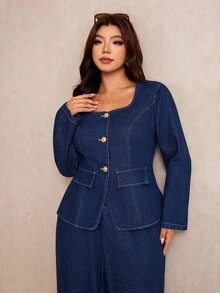 Elaquor 大尺碼女款單排扣長袖上衣與長褲休閒牛仔套裝，休閒優雅，夏季穿搭，女士度假穿著，可愛 - 藍色 - 查看 2