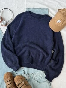 SHEIN 青少年女孩圓領落肩針織毛衣，姊妹裝，秋冬休閒百搭針織衫 - 藍色 - 查看 3