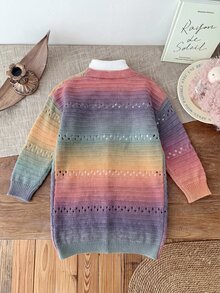 SHEIN 女童彩色漸層針織V領長版秋季開襟外套 - 粉色 - 查看 5