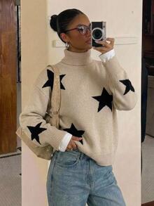 青少年女孩星星圖案高領落肩寬鬆毛衣 - 杏色 - 查看 8