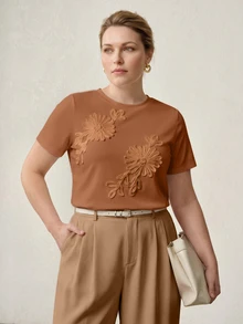 MOTF PREMIUM PLUS SIZE CASUAL 3D TWISTED STRAP EMBROIDERED FLORAL T-SHIRT - Coffee Brown - View 1
