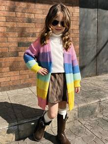 Emery Rose Kids Emery Rose Kids 女童女孩針織彩色條紋休閒寬鬆長版開襟針織衫 秋季外套 - 粉色 - 查看 9