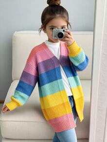 Emery Rose Kids Emery Rose Kids 女童女孩針織彩色條紋休閒寬鬆長版開襟針織衫 秋季外套 - 粉色 - 查看 4