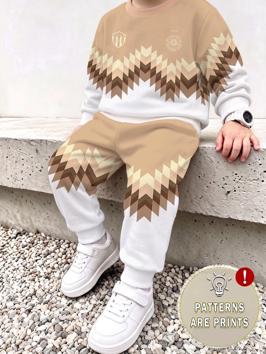 Setelan Sweatshirt Lengan Panjang Kerah Bulat dan Celana Jogger Motif Geometris untuk Anak Laki-Laki - MultiWarna - View 1