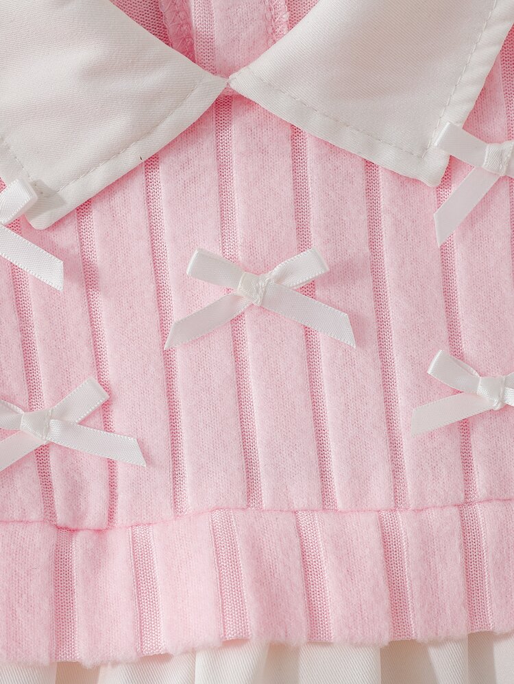 SHEIN Playful Pals Infant Newborn Set With Turn-Down Collar Fall Color Block Bow Tie 2 In 1 Back Opening Top Casual Loose Knit Pants Minimalist Cute Newborn Outfit - Pink - View 5