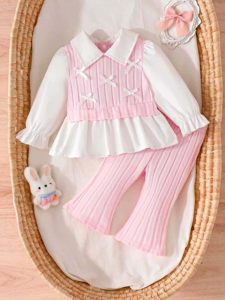 SHEIN Playful Pals Infant Newborn Set With Turn-Down Collar Fall Color Block Bow Tie 2 In 1 Back Opening Top Casual Loose Knit Pants Minimalist Cute Newborn Outfit - Pink - View 3