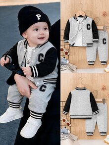 SHEIN Playful Pals 新生兒男嬰字母印花貼布口袋抓絨內裡連帽長袖灰色套裝，冬季寬鬆版型 - 灰色 - 查看 1