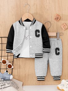 SHEIN Playful Pals 新生兒男嬰字母印花貼布口袋抓絨內裡連帽長袖灰色套裝，冬季寬鬆版型 - 灰色 - 查看 3