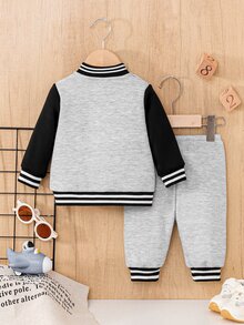SHEIN Playful Pals 新生兒男嬰字母印花貼布口袋抓絨內裡連帽長袖灰色套裝，冬季寬鬆版型 - 灰色 - 查看 2