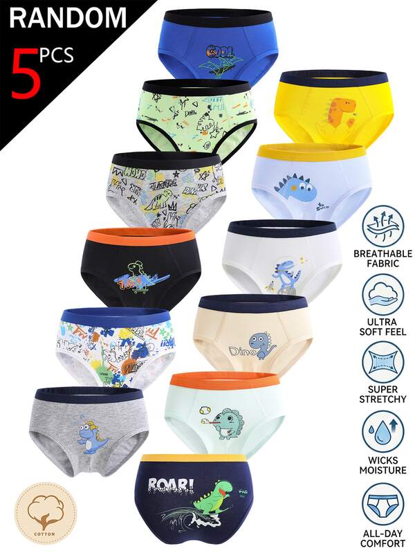 [5 Potongan Acak] Celana Dalam Anak Laki-Laki - Paket Lima Celana Dalam Anak Laki-Laki Acak dengan Motif Dinosaurus