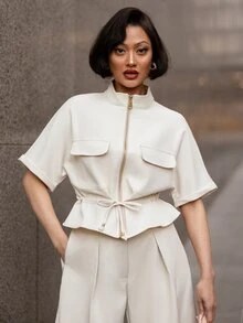 micahgianneli Fashionable Short Utility Shirt, With Two Symmetrical Chest Pockets, Cinched Waist Design, Overall Neat And Practical Summer - Beige - View 5