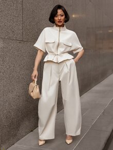micahgianneli 女士夏季褶裥高腰口袋西装裤，优雅商务休闲通勤阔腿裤 - 杏色 - 查看 1