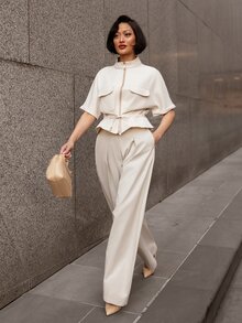 micahgianneli 女士夏季褶裥高腰口袋西装裤，优雅商务休闲通勤阔腿裤 - 杏色 - 查看 5