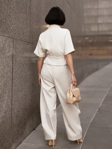 micahgianneli 女士夏季褶裥高腰口袋西装裤，优雅商务休闲通勤阔腿裤 - 杏色 - 查看 2