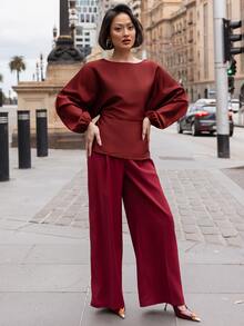 micahgianneli Women's Plain Pleated Wide Leg Loose Casual Pants - Burgundy - View 3