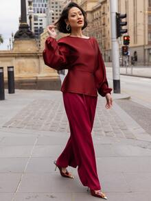 micahgianneli Women's Plain Pleated Wide Leg Loose Casual Pants - Burgundy - View 4