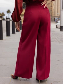 micahgianneli Women's Plain Pleated Wide Leg Loose Casual Pants - Burgundy - View 6